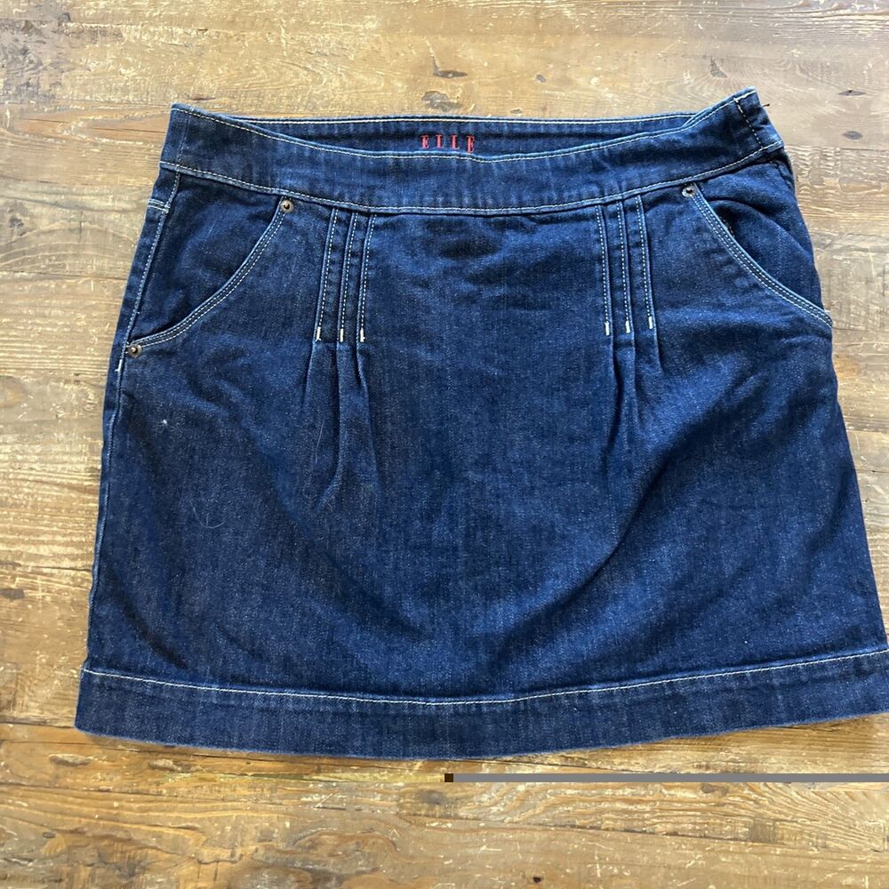 ELLE Y2K Denim Jean Skirt Vintage Dark Wash Side Zip Pocket Stretch Womens 10